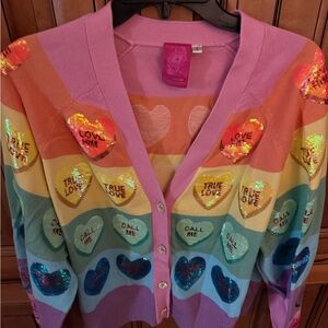 QUEEN OF SPARKLES Rainbow Heart Sequin Cardigan